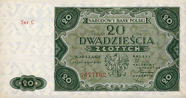 Banknoty Monety Numizmatyka Filatelistyka - PolandP130-20Zlotych-1947-donatedtj_f.jpg
